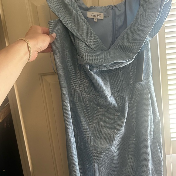 Teri Jon by Rickie Freeman Double Layer Ruffle Metallic blue Jacquard Gown  12 - Picture 5 of 9
